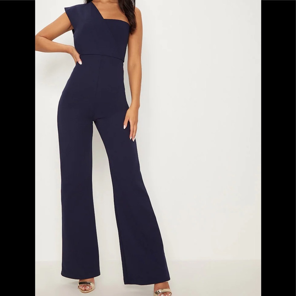 PLT One Shoulder Drape Navy Jumpsuit